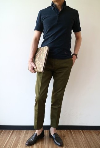 Men's Black Polo, Olive Dress Pants, Dark Brown Leather Loafers, Olive Camouflage Leather Zip Pouch