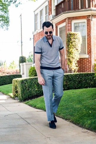 Men's Grey Polo, Grey Dress Pants, Navy Suede Loafers, Black Sunglasses