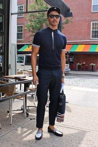 Men's Navy Polo, Navy Dress Pants, Black and White Leather Loafers, Navy Canvas Tote Bag