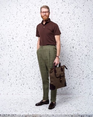Red Polo Outfits For Men: Marry a red polo with olive linen dress pants to achieve an effortlessly classic and pulled together ensemble. Burgundy leather loafers are an effortless way to give a dose of refinement to this ensemble.