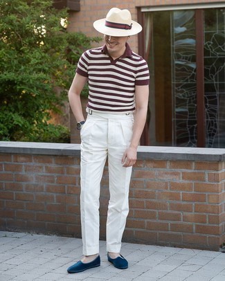 Men's Dark Brown Horizontal Striped Polo, White Dress Pants, Navy Velvet Loafers, Beige Straw Hat