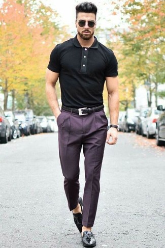 White Polo Outfits For Men: Consider pairing a white polo with dark purple dress pants if you wish to look dapper without too much work. Go ahead and add black leather tassel loafers to the mix for an extra touch of style.