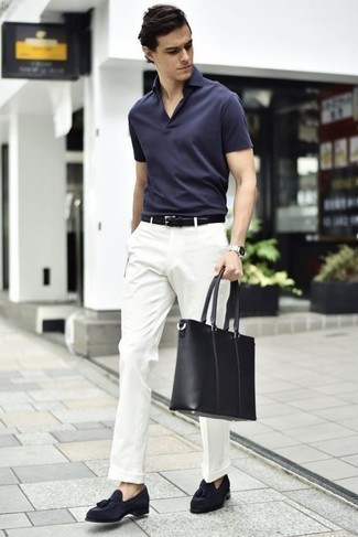 Blue Suede Tassel Loafers Outfits: Consider wearing a navy polo and white dress pants for effortless sophistication with an alpha male spin. If you need to easily step up this ensemble with one single item, complete this look with a pair of blue suede tassel loafers.