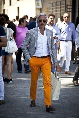 Men's Orange Chinos, White Polo, White Dress Shirt, Light Blue Plaid Blazer