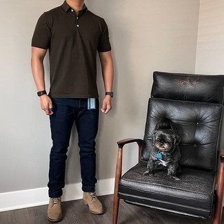 Tan Suede Casual Boots Outfits For Men: Want to inject your wardrobe with some effortless dapperness? Consider pairing a dark brown polo with navy jeans. If you need to easily spruce up your outfit with shoes, introduce a pair of tan suede casual boots to the equation.