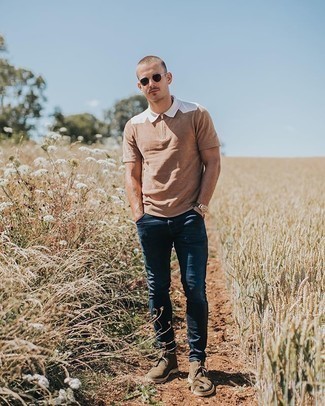 Tan Polo Outfits For Men: For an outfit that's very easy but can be manipulated in many different ways, go for a tan polo and navy jeans. If you want to feel a bit fancier now, add olive suede desert boots to the mix.