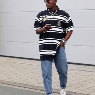 Men's Navy and White Horizontal Striped Polo, Blue Jeans, Grey Print Canvas High Top Sneakers, Brown Sunglasses