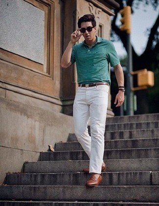 Dark Green Polo Outfits For Men: Why not consider pairing a dark green polo with white jeans? As well as super practical, both pieces look great married together. Exhibit your classy side by finishing off with brown leather loafers.