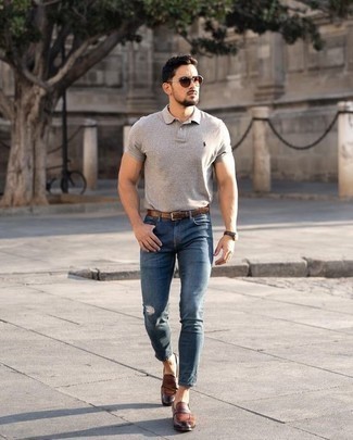 Men's Beige Polo, Blue Ripped Jeans, Brown Leather Loafers, Brown Leather Belt