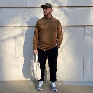 Men's Brown Polo Neck Sweater, Black Chinos, Grey Athletic Shoes, White Canvas Tote Bag