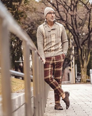 Beige Polo Neck Sweater Outfits For Men: This combo of a beige polo neck sweater and burgundy plaid chinos is solid proof that a pared down look doesn't have to be boring. And if you need to effortlessly bump up this ensemble with one single piece, add a pair of dark brown suede double monks to the mix.