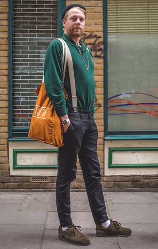 Tobacco Canvas Tote Bag Outfits For Men: Why not try pairing a dark green polo neck sweater with a tobacco canvas tote bag? Both of these items are totally functional and look awesome teamed together. Serve a little mix-and-match magic by slipping into olive suede low top sneakers.