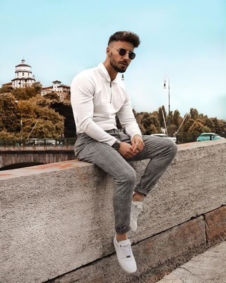 White Polo Neck Sweater Outfits For Men: A white polo neck sweater and grey plaid chinos are the ideal way to introduce extra refinement into your day-to-day wardrobe. Does this ensemble feel all-too-fancy? Enter a pair of white canvas low top sneakers to change things up a bit.