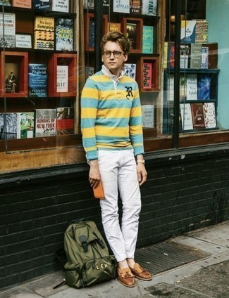 Multi colored Horizontal Striped Polo Neck Sweater Outfits For Men: A multi colored horizontal striped polo neck sweater and white chinos are an easy way to introduce extra sophistication into your casual styling arsenal. Feeling transgressive? Class up your ensemble by rocking brown leather tassel loafers.