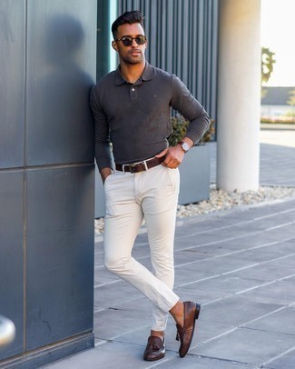 Polo Neck Sweater Smart Casual Outfits For Men: For a casually smart outfit, try teaming a polo neck sweater with white chinos — these two pieces work well together. For a sleeker vibe, why not complement this ensemble with dark brown leather tassel loafers?