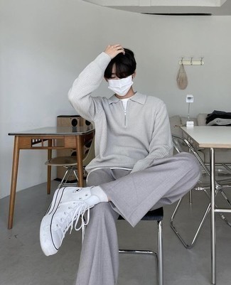 White Socks Outfits For Men: Choose a grey polo neck sweater and white socks for a fashionable and relaxed casual ensemble. White canvas high top sneakers tie the look together.