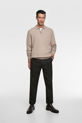 Men's Tan Polo Neck Sweater, White Crew-neck T-shirt, Black Chinos, Black Leather Chelsea Boots