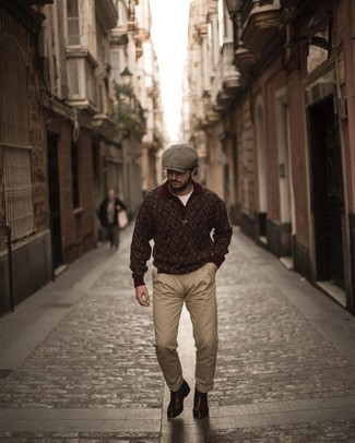 Brown Flat Cap Outfits For Men: Dress in a burgundy print polo neck sweater and a brown flat cap to pull together an edgy and practical ensemble. Up the style ante of your look by rocking dark brown leather desert boots.