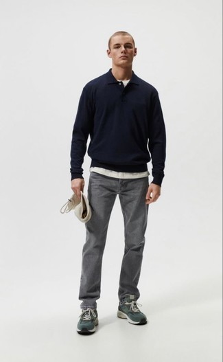 Men's Navy Polo Neck Sweater, White Crew-neck T-shirt, Grey Jeans, Dark Green Athletic Shoes
