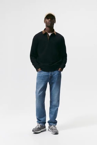500+ Casual Outfits For Men: Choose a dark green polo neck sweater and blue jeans for a proper refined getup. Introduce a pair of grey athletic shoes to the mix to immediately bump up the street cred of your outfit.