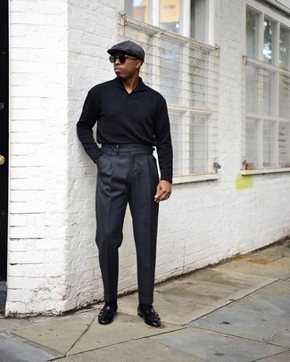 Charcoal Herringbone Flat Cap Outfits For Men: To create a casual look with an urban spin, team a black polo neck sweater with a charcoal herringbone flat cap. Go ahead and complement your outfit with black leather double monks for an added touch of sophistication.