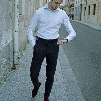 Men's White Polo Neck Sweater, Charcoal Dress Pants, Dark Brown Suede Tassel Loafers, Dark Brown Leather Watch