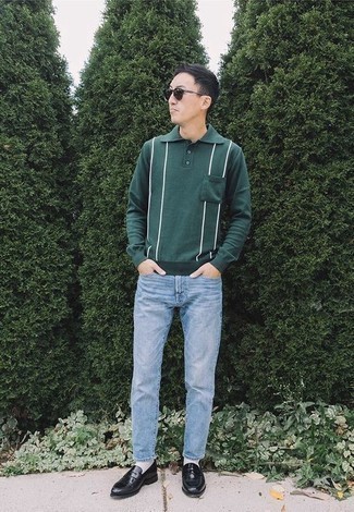 Men's Dark Green Polo Neck Sweater, Light Blue Jeans, Black Leather Loafers, Black Sunglasses