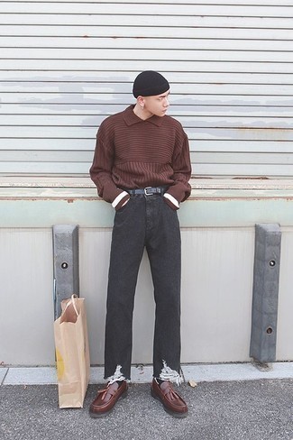 Dark Brown Leather Tassel Loafers Outfits: This combination of a brown wool polo neck sweater and charcoal jeans will prove your skills in men's fashion. Puzzled as to how to finish this getup? Wear a pair of dark brown leather tassel loafers to ramp it up.