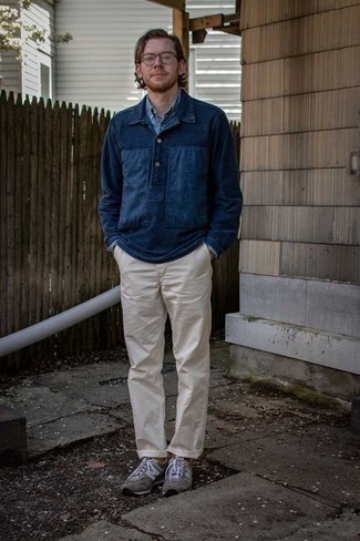 Men's Navy Polo Neck Sweater, Light Blue Chambray Long Sleeve Shirt, Beige Chinos, Grey Athletic Shoes