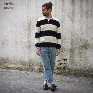 Beige Horizontal Striped Polo Neck Sweater Outfits For Men: For an effortlessly classic outfit, try pairing a beige horizontal striped polo neck sweater with light blue jeans — these pieces play pretty good together. Black leather loafers will infuse a dose of polish into an otherwise simple look.