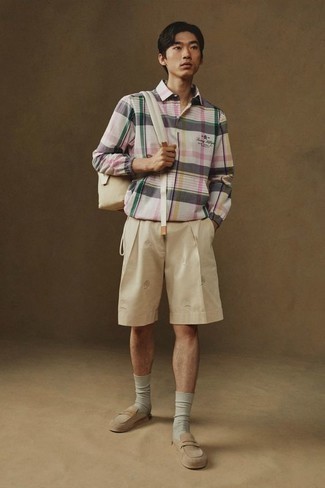 Backpack Outfits For Men: If you're in search of an urban yet on-trend outfit, wear a multi colored plaid polo neck sweater with a backpack. Get a little creative with shoes and introduce a pair of beige suede loafers to this outfit.