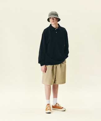 Men's Navy Polo Neck Sweater, Tan Shorts, Orange Canvas Low Top Sneakers, Grey Bucket Hat
