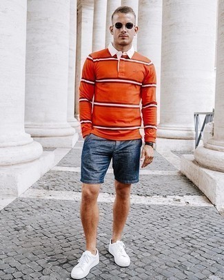 Men's Orange Horizontal Striped Polo Neck Sweater, Navy Linen Shorts, White Canvas Low Top Sneakers, Dark Brown Sunglasses