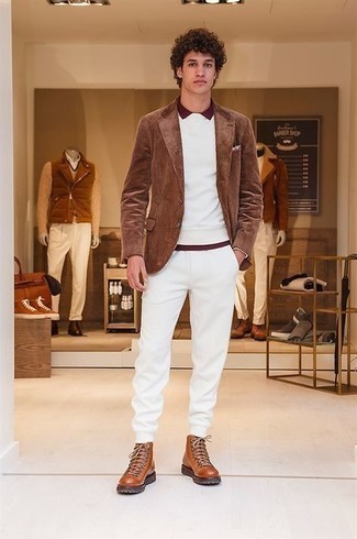 Brown Corduroy Blazer Outfits For Men: 
