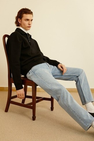 Men's Black Polo Neck Sweater, White Turtleneck, Light Blue Jeans, Black Leather Loafers