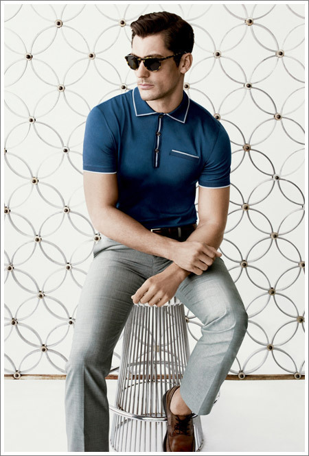 navy blue polo with grey pants