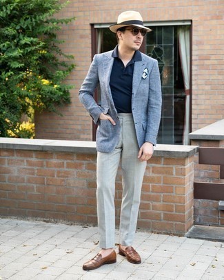 Light Blue Plaid Wool Blazer Outfits For Men: 