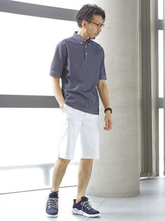 White Shorts Outfits For Men: This pairing of a navy polo and white shorts is pulled together and yet it looks relaxed and ready for anything. Rounding off with navy and white athletic shoes is a surefire way to introduce a more laid-back vibe to this look.