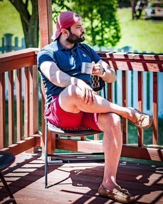 Men's Navy Polo, Hot Pink Shorts, Brown Leather Driving Shoes, Hot Pink Baseball Cap