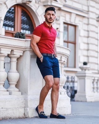 Men's Red Polo, Navy Shorts, Navy Canvas Loafers, Black Leather Belt