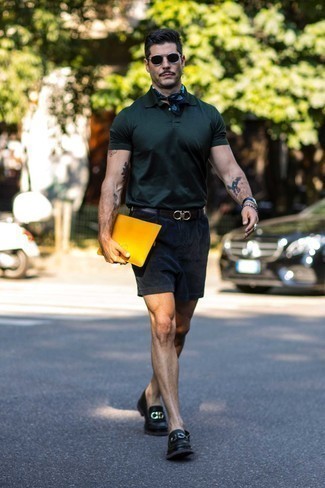 Men's Dark Green Polo, Black Corduroy Shorts, Black Leather Loafers, Yellow Leather Zip Pouch