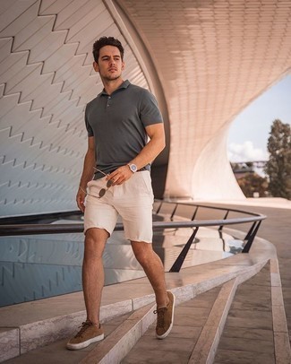 Men's Charcoal Polo, Beige Shorts, Brown Suede Low Top Sneakers, Dark Brown Woven Leather Belt