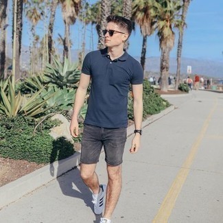 Men's Navy Polo, Charcoal Denim Shorts, White and Black Leather Low Top Sneakers, Dark Brown Sunglasses