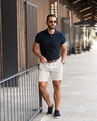 Men's Navy Polo, White Shorts, Black Canvas Low Top Sneakers, Brown Woven Leather Belt