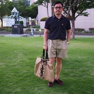 Men's Navy Polo, Tan Shorts, Burgundy Leather Tassel Loafers, Tan Print Canvas Tote Bag