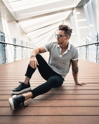 Men's Grey Polo, Navy Skinny Jeans, Black and White Leather Low Top Sneakers, Clear Sunglasses