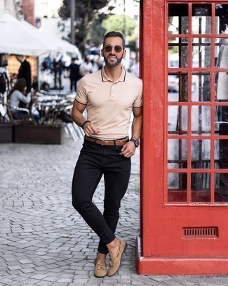 Tan Polo Outfits For Men: A tan polo and black skinny jeans are the kind of a winning casual look that you so desperately need when you have no time to spare. And if you need to immediately step up this look with a pair of shoes, add tan suede tassel loafers to the equation.