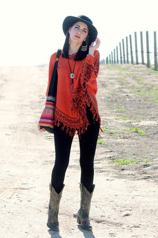 Women's Red Poncho, Black Leggings, Black Leather Mid-Calf Boots, Black  Embroidered Suede Tote Bag