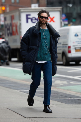 Teal Cable Sweater Outfits For Men: You're looking at the undeniable proof that a teal cable sweater and navy jeans are amazing when worn together in a laid-back ensemble. Turn up the classiness of this look a bit by finishing off with black leather chelsea boots.