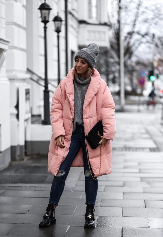 grey and pink puffer jacket